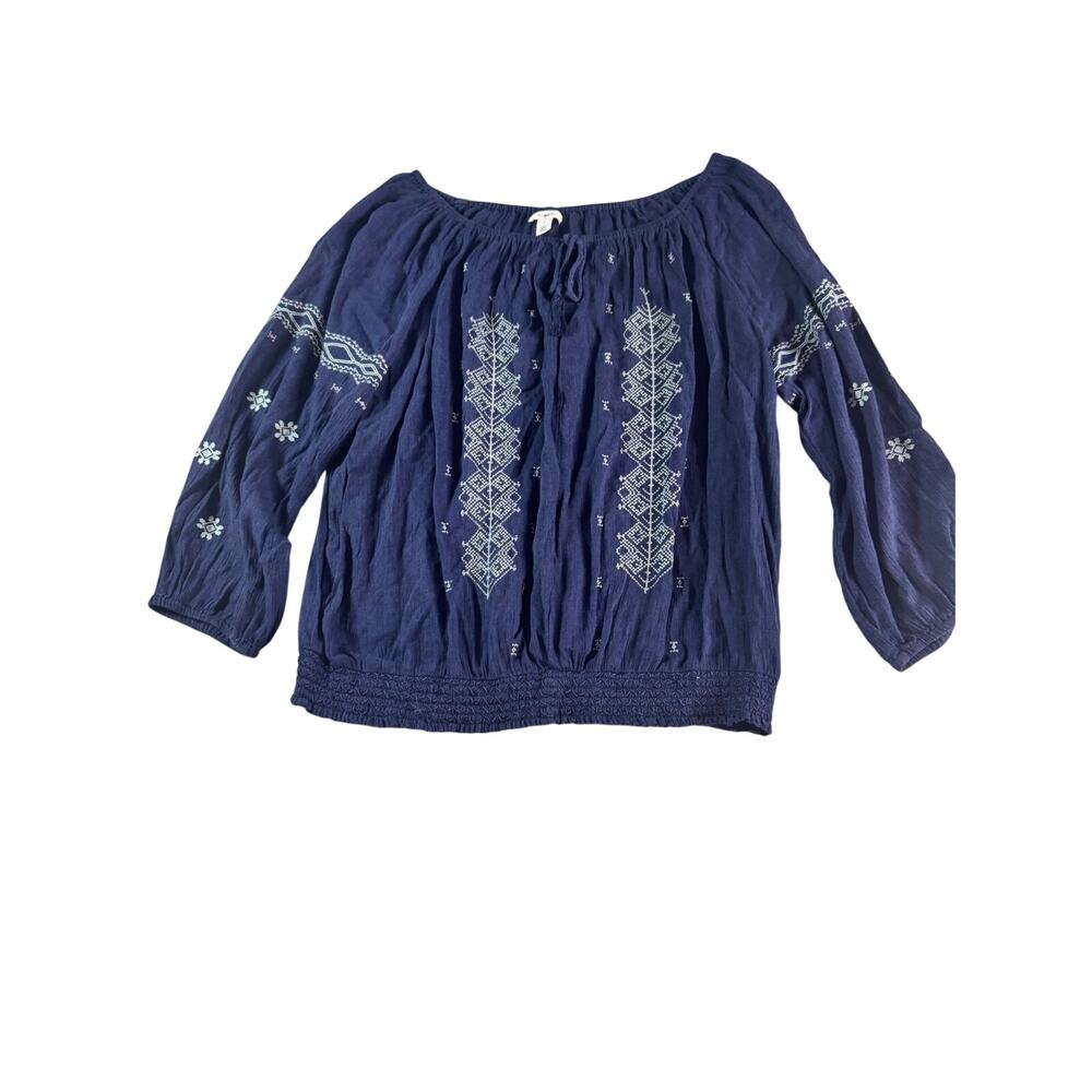 Caslon Navy Blue Embroidered Peasant Blouse L Boho Cotton Blend Tassel